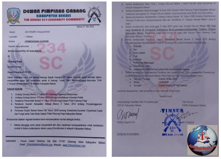 Timsus 234SC Kabupaten Bekasi Surati SATPOL-PP Terkait Tempat Hiburan Malam