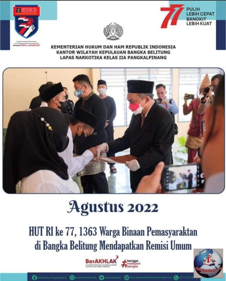 HUT RI ke-77, 1363 Warga Binaan Pemasyarakatan di Bangka Belitung Mendapatkan Remisi Umum