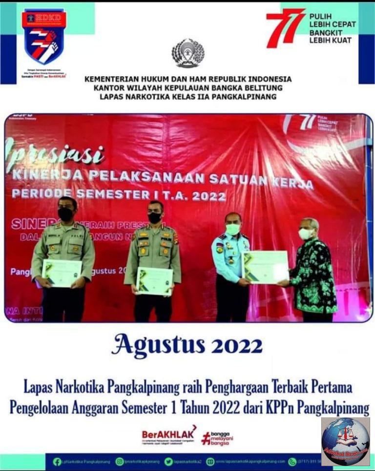 Lapas Narkotika Pangkalpinang Raih Penghargaan Terbaik Pertama Pengelolaan Anggaran Semester 1 Tahun 2022 dari KPPN Pangkalpinang