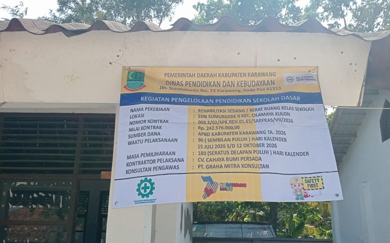 Rehabilitasi SDN Sumurgede II Cilamaya Kulon, Setelah Viral Papan Proyek Menghilang Kini Papan Informasi Mendadak Muncul Nemplok Diatas Lisplang.Ajaib